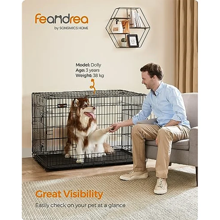Feandrea Hundekäfig klappbar XXL, mit 2 Türen und Kunststoffschale, 122 x 74,5 x 80,5 cm, schwarz – Bild 2
