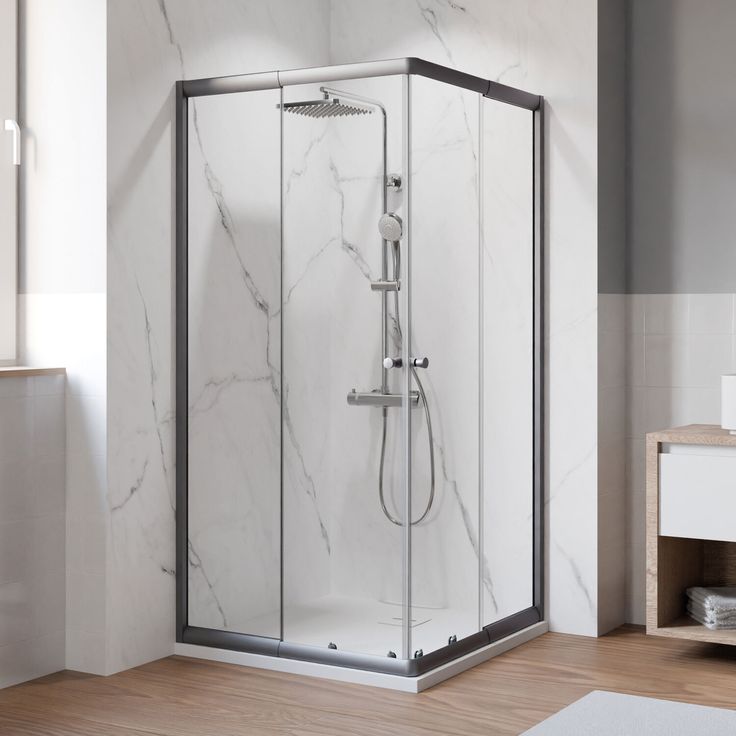 Breuer Eckeinstieg 'Ektos' mit Schiebetür, grau, 4 mm Sicherheitsglas, variable Schenkelmaße, hohe Dichtigkeit 75 - 90 cm