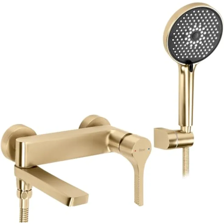 wohnwerk.idee Wannenarmatur Maxim Gold matt, Wandmontage mit klappbarem Auslauf und ABS-Handbrause