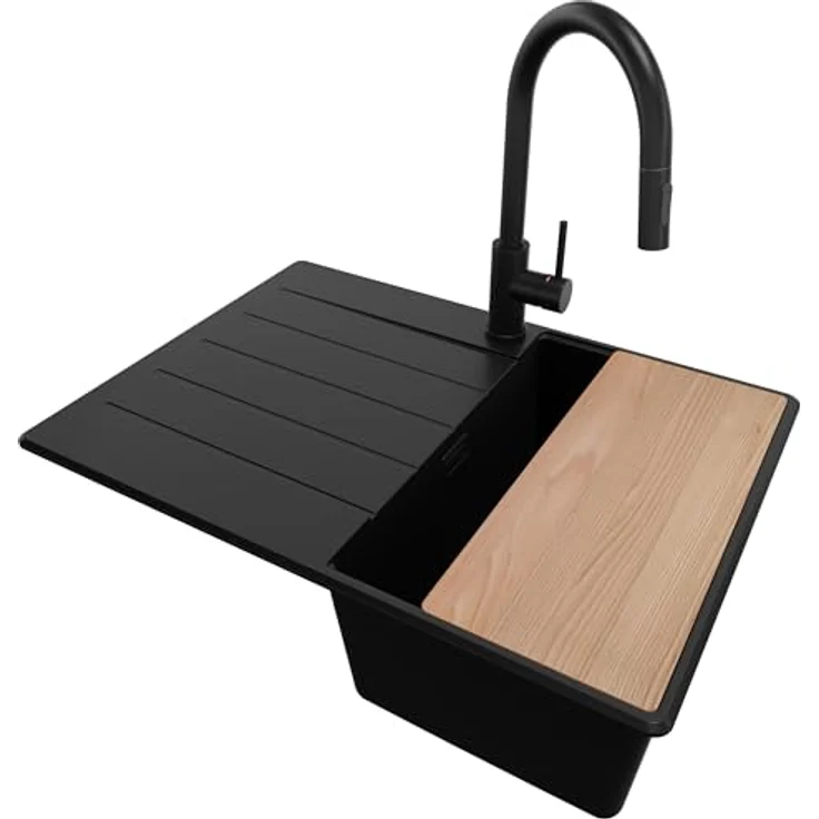 Primagran Granitspüle Alles Schwarz 70x50cm, 1 Becken + Ablauf-Set + Küchenarmatur + Schneidebrett, ab 40er Unterschrank - Top – Bild 1