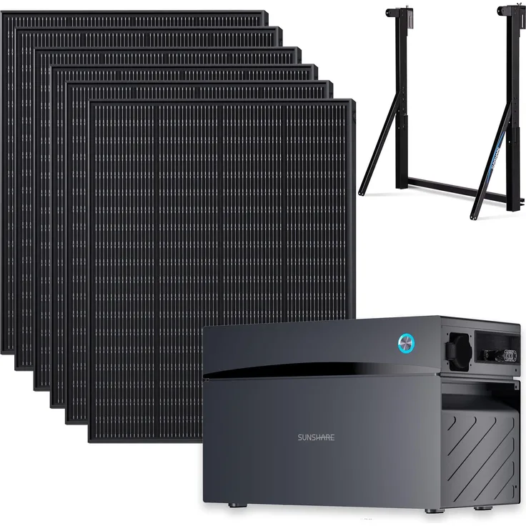 SUNSHARE Ray 1200W Balkonkraftwerk Komplettset mit 2 kWh Glory, inkl. Universalhalterung für verschiedene Balkontypen, schwarz