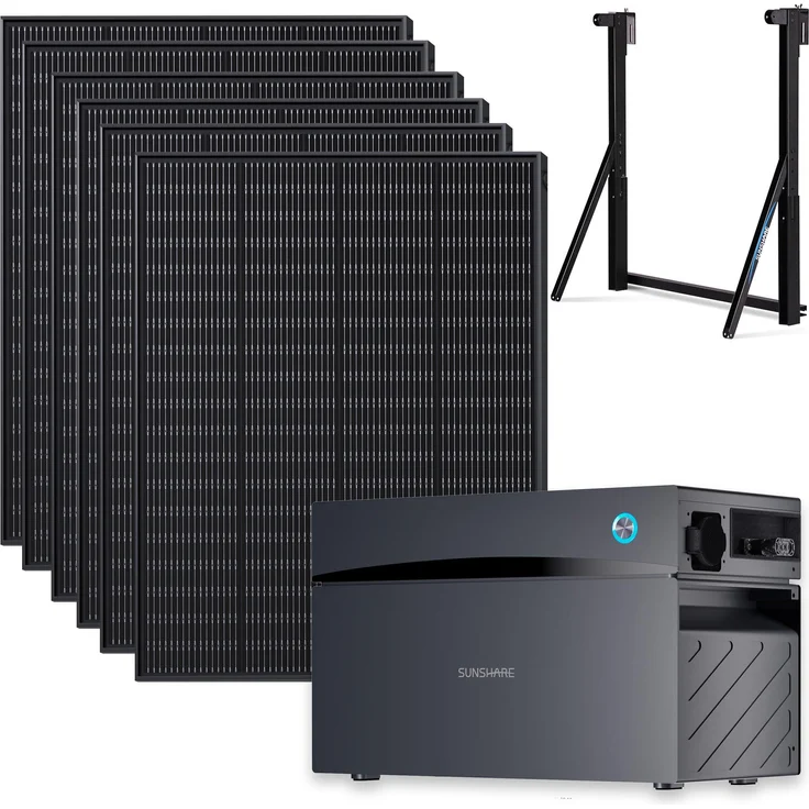 SUNSHARE Ray 1200W Balkonkraftwerk Komplettset mit 2 kWh Glory, inkl. Universalhalterung für verschiedene Balkontypen, schwarz