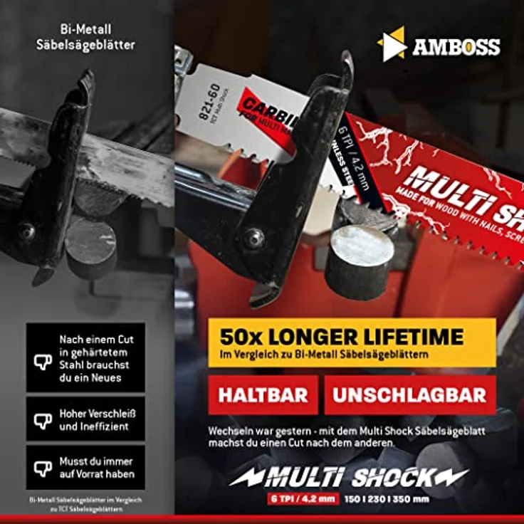AMBOSS MULTI SHOCK - 3x Säbelsägeblatt Länge 150 mm / 6 ZpZ - ideal für Holz mit Nägeln und Holz mit Schrauben sowie Stahl - Multi Material – Bild 3