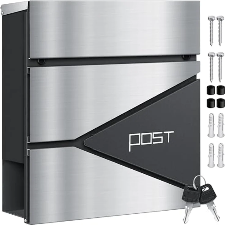 KESSER® Briefkasten mit Zeitungsfach Wandmontage Wandbriefkasten Edelstahl, 2x Schlüssel abschließbar, Moderner Postkasten Zeitungsrolle, inkl. Montagematerial, Softclose-Deckel, Anthrazit Silber – Bild 1