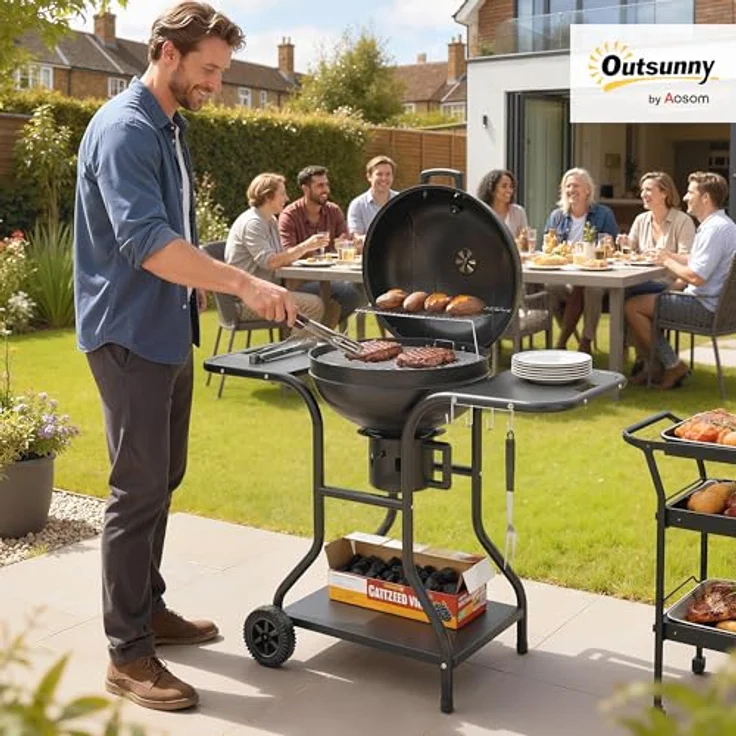 Outsunny Holzkohlegrill BBQ Smoker, 129 x 63,5 x 106,5 cm mit Seitentischen, Deckelthermometer und Rädern, Kugelgrill für Garten und Camping – Bild 2