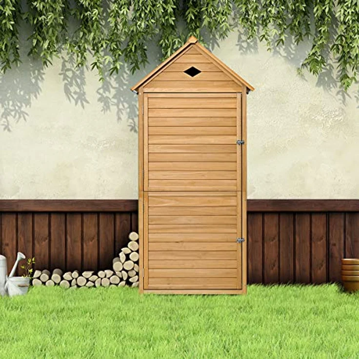 DREAMADE Gerätehaus Holz, Gartenschrank wetterfest, 176 x 70 x 36 cm, Naturholz, abschließbar – Bild 2