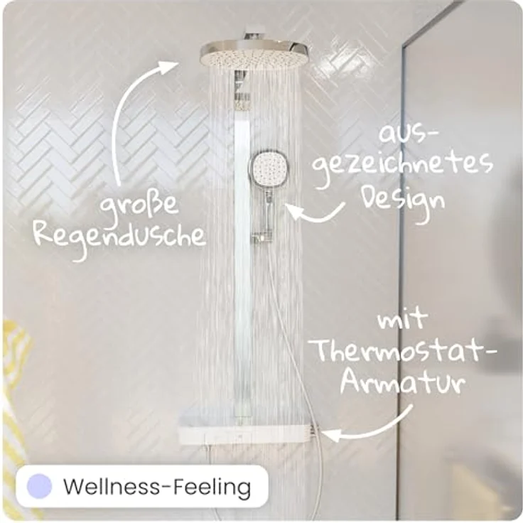 instmaier Duschsystem Cleo, Design-Thermostat mit 3 Strahlarten, 38-Grad-Sicherheitssperre und 28 cm Kopfbrause – Bild 3