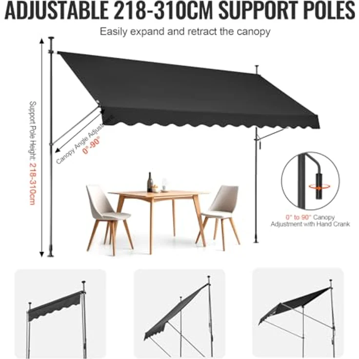 VEVOR Klemmmarkise 350 x 120 cm, Balkonmarkise mit Handkurbel, Sonnenmarkise, Höhenverstellbar von 218 bis 309 cm, Schwarz – Bild 3