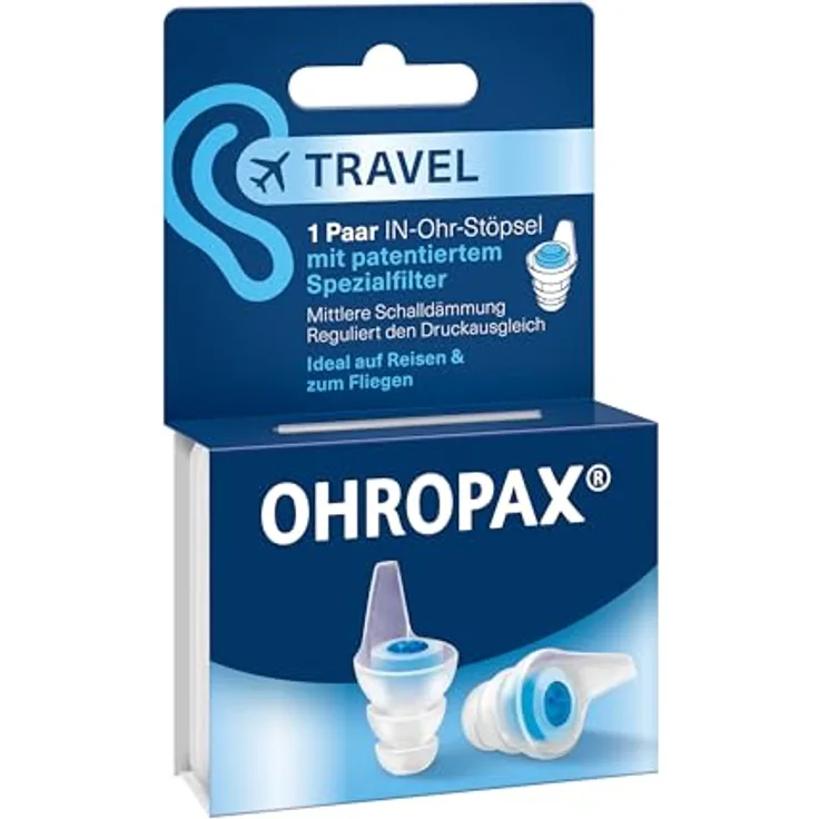 OHROPAX Travel Ohrstöpsel mit patentiertem Spezialfilter, reguliert Druckausgleich, SNR 16 dB, 1 Paar mit Filter + 1 kleines Paar, wiederverwendbar