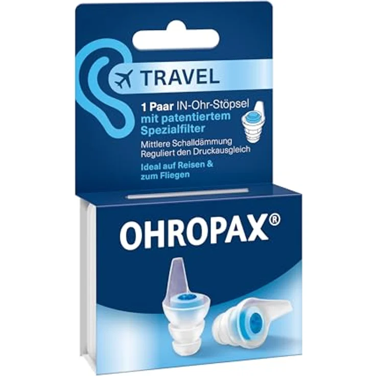 OHROPAX Travel Ohrstöpsel mit patentiertem Spezialfilter, reguliert Druckausgleich, SNR 16 dB, 1 Paar mit Filter + 1 kleines Paar, wiederverwendbar – Bild 1