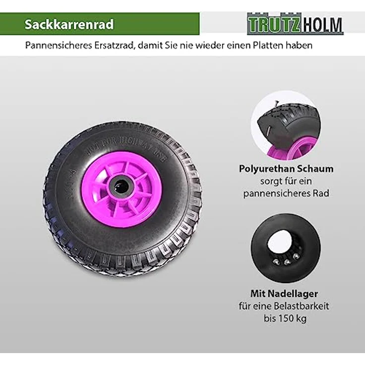 TRUTZHOLM 1 x Sackkarrenrad pannensicher 260x85 mm 3.00-4 PU Sackkarre Ersatzrad Rad Reifen – Bild 2