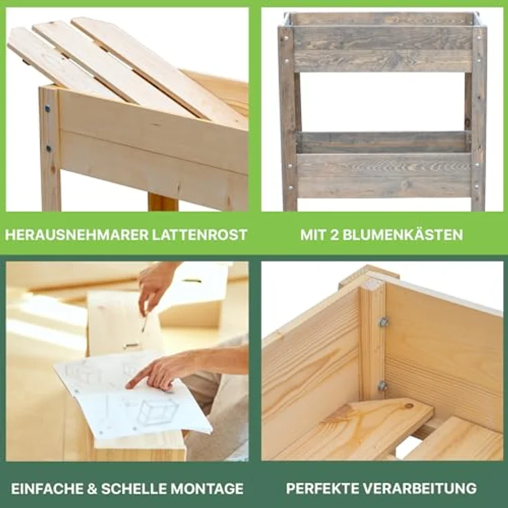 ITA Hochbeet aus Holz 80x37x78 cm - Pflanzkasten mit 2 Ebenen & Innenfolie - Made in EU - Direkt vom Hersteller - FSC Kiefernholz - Braun – Bild 4
