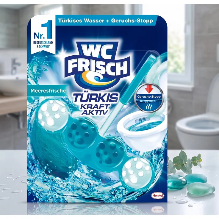 WC Frisch WC-Stein Türkis Kraft Aktiv, Badreiniger mit Meeresfrische und 50% Glanz