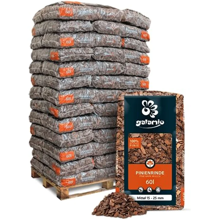 GALAMIO Pinienrinde Mittel 15-25mm, 60l x 39 Sack, dekorativer Rindenmulch für Pflanzen und Garten, umweltfreundlich, effektiver Unkrautschutz, langlebig und pflegeleicht – Bild 1