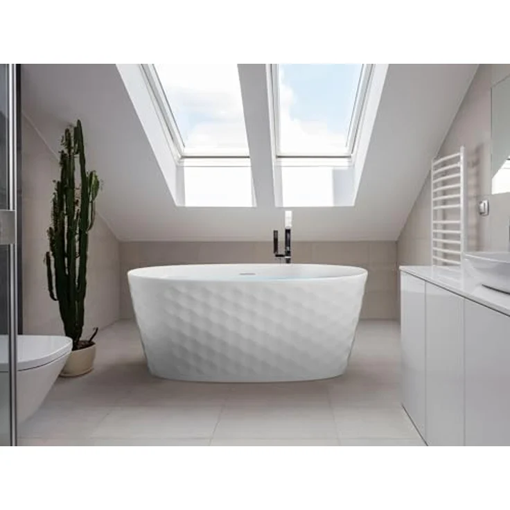 Beliani Badewanne Chubut, freistehend aus strapazierfähigem Acryl, 230 l, 150 cm, modernes weißes Finish mit Diamantmuster – Bild 2