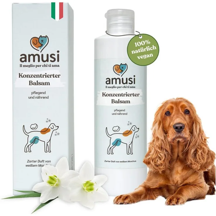 Amusi Fellpflege Balsam für Hunde mit langem Haar, 250 ml, antibakteriell, hypoallergen, vegan, entwirrende Wirkung, hergestellt in Italien