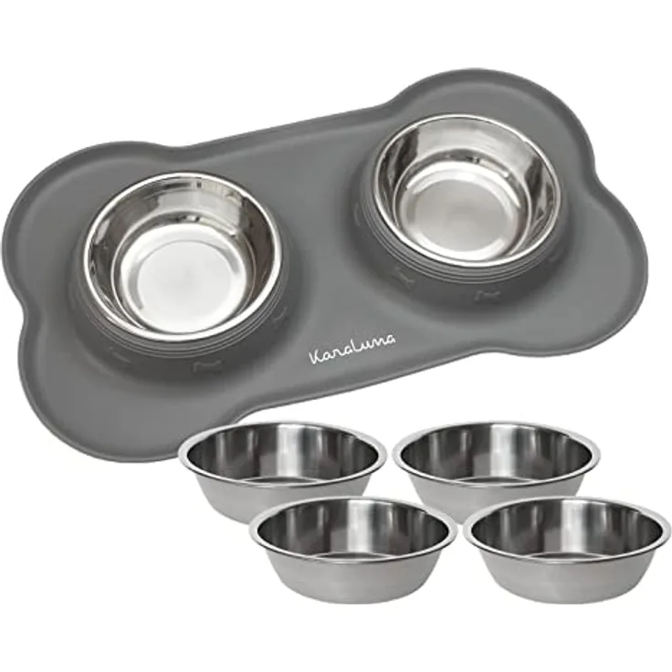 KaraLuna Napfunterlage aus Silikon mit Edelstahl Futternapf I Für Katzen & Hunde (200ml, Grau)