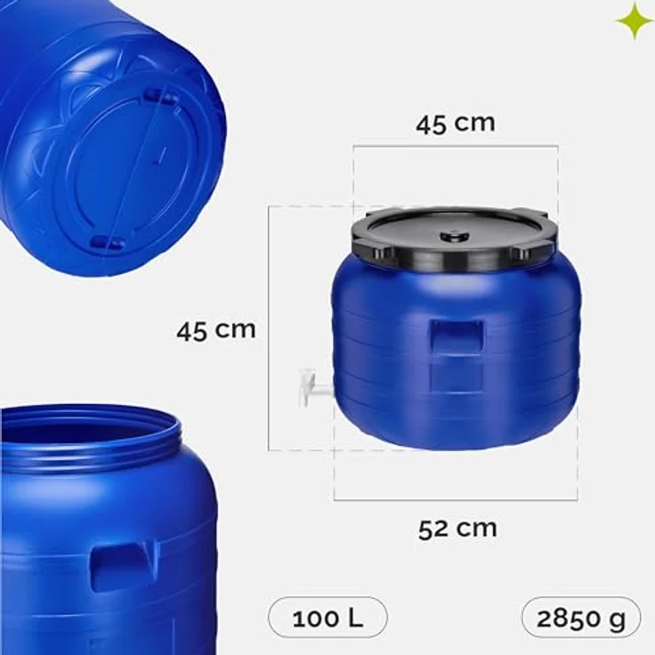 Garronda 100 Liter Weithalsfass GD-0092, BPA-frei, vielseitiges Universalfass mit Deckel und Hahn, blau – Bild 2