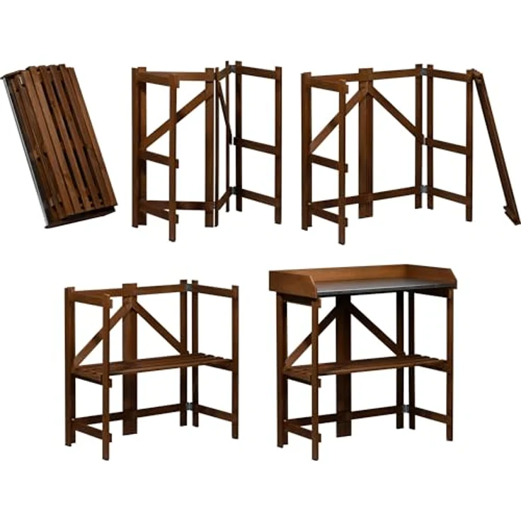 dobar® Klappbarer Pflanztisch aus Massivholz, Faltbarer Umtopftisch mit verzinkter Arbeitsplatte, 85 x 44 x 89 cm, dunkelbraun, wetterfest lasiert – Bild 4