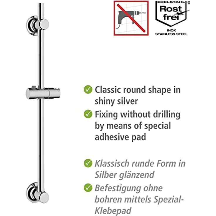WENKO Duschstange ohne Bohren, Brausestange zur Befestigung mit Spezial-Klebepad, aus rostfreiem Edelstahl mit Halterung für Handbrausen, verschiebbarer Wandhalter, (B/T x H): Ø 2,2 x 70 cm, Chrom – Bild 3