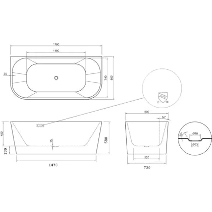 Aloni Halb-Freistehende Badewanne 170x80x60 Mittig Rundeck Acryl Weiß, Zentraler Ablauf DN50 – Bild 4