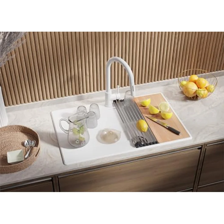 Primagran Spülbecken Kopenhagen Top, Granitspüle 1 Becken Weiß 78x50cm + Ablauf-Set + Schneidebrett, hitzebeständig & schmutzabweisend – Bild 2