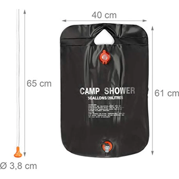 relaxdays Gartendusche Campingdusche, 20 Liter, faltbar, Schwarz, mit Handbrause und Schlauch, Solardusche für unterwegs – Bild 4