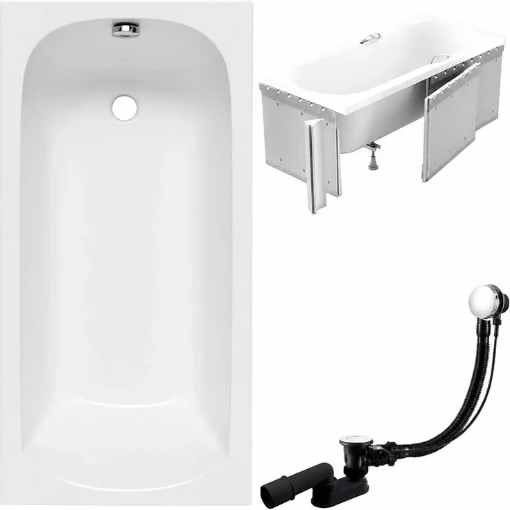 KOLMAN Classic Slim Badewanne 180 x 80 cm, rechteckig, mit Styroporverkleidung, inkl. Ablauf und Füße, schneeweiß, antibakteriell, kratzfest