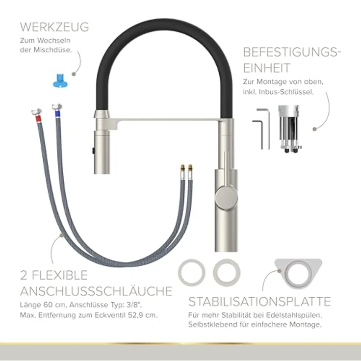 Lenz Küchenarmatur NALU, Flexible Pendelbrause mit 2 Strahlarten, Chrom – Bild 7