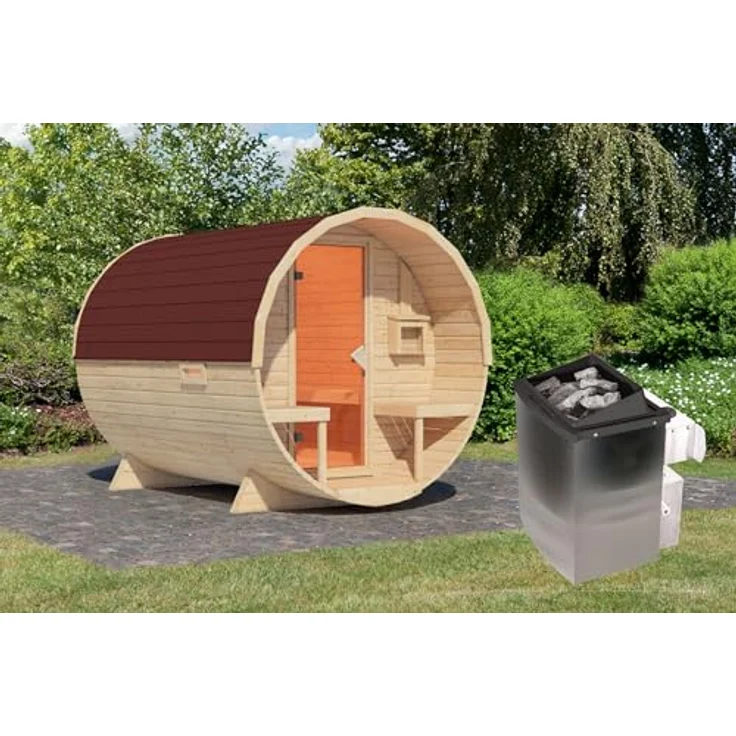 Karibu Fasssauna Fasssauna 38 mm Saunaofen 9kW - Komfortable Stehhöhe 200 cm, inkl. Dachschindeln - Naturbelassen – Bild 4