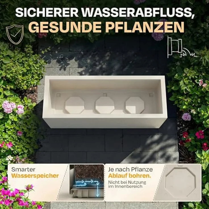 Ondis24 Pflanzkübel Vulkano, 2er Set mit 50L Volumen, rechteckig, mit Wasserspeicher, witterungsbeständig, für Balkon und Terrasse, Leinenstruktur – Bild 4