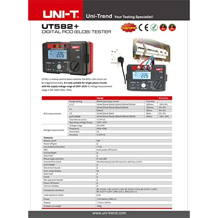 Uni-T UT582+, Multimeter und RCD-Prüfgerät für einphasige Stromkreise, Spannungsbereich 195 V bis 253 V – Bild 6