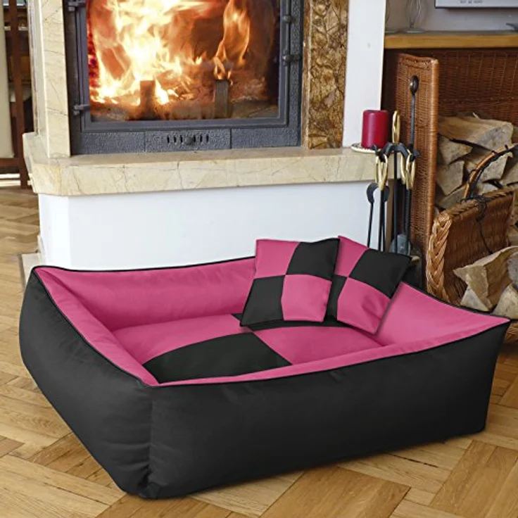 BedDog Hundebett 2in1 MAXQ, Hundekissen mit abziehbaren waschbaren Bezug, Hundekorb, Hundesofa, für kleine Hunde, M, pink-schwarz – Bild 4