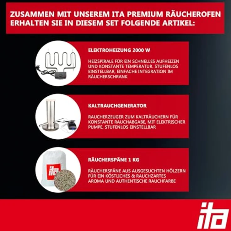 ITA Elektrischer Räucherofen 7000, Smoker Set mit Heizspirale und Rauchgenerator, 3 Etagen, 81 cm, legierter Stahl, Sichtfenster und Thermometer, EU Qualität – Bild 2