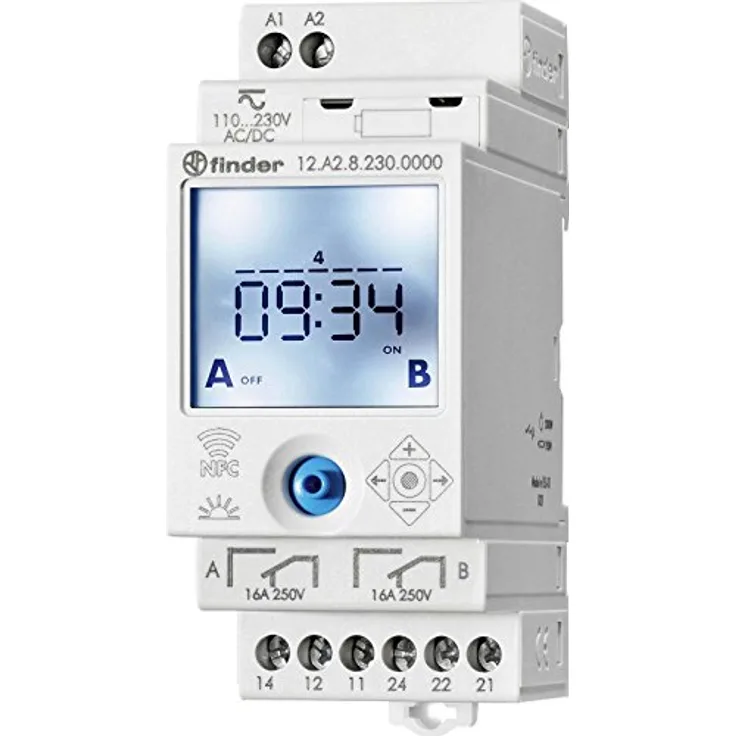 Finder Zeitschaltuhr 12.A2.8.230.0000, Astronomisch gesteuert für Hutschiene, 230 V/AC, impuls- und zeitgesteuertes Schalten, Programmierung via NFC