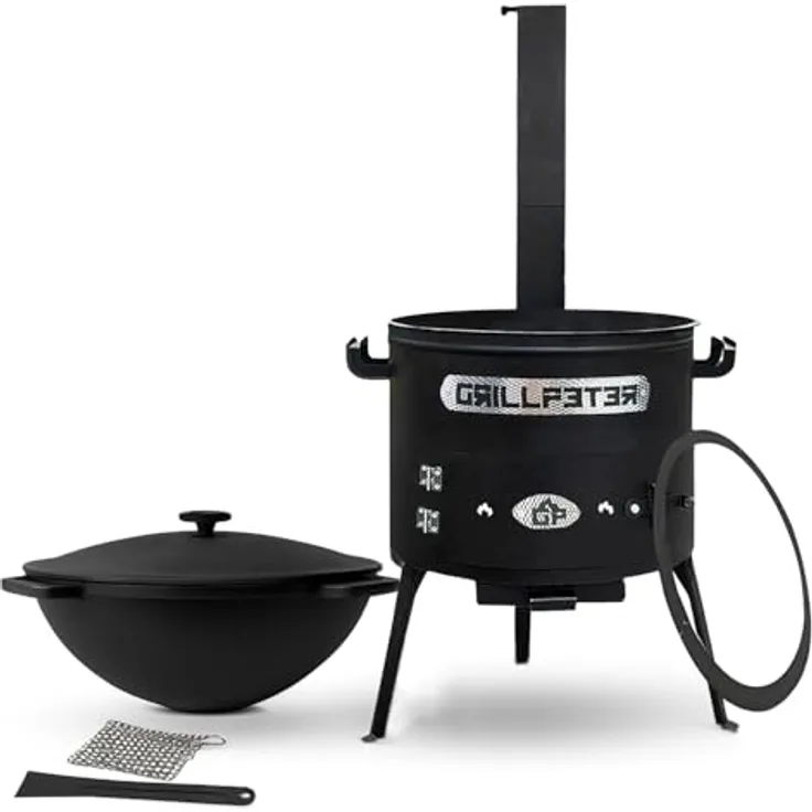 Grillpeter Utschak Asamat Ø45, Holzkohlegrill mit 20L Gusseisen Kazan und Rauchrohr, schwarz