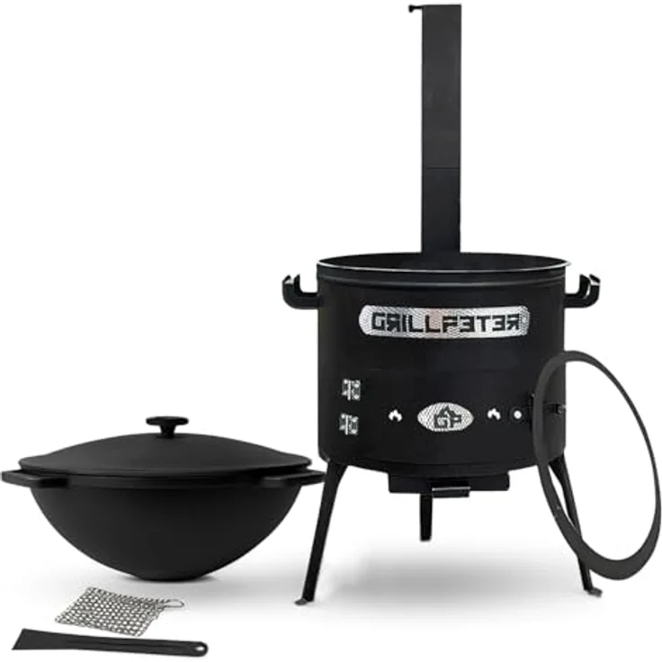 Grillpeter Utschak Asamat Ø45, Holzkohlegrill mit 20L Gusseisen Kazan und Rauchrohr, schwarz – Bild 1