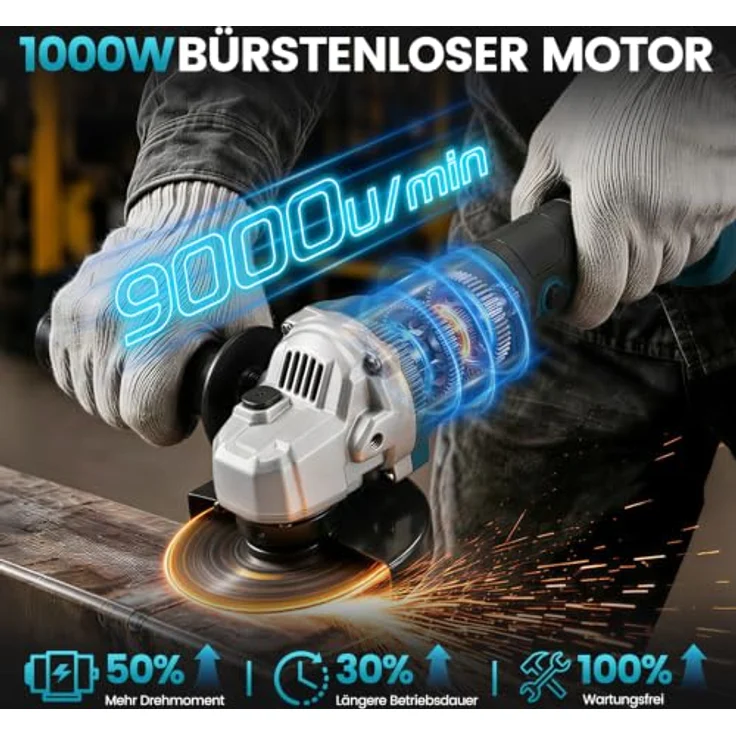 Bundviel Akku-Winkelschleifer 21V, Bürstenloser Motor, max. 12000 U/min, Ø 125mm, inkl. 2×4,0Ah Akku und Ladegerät – Bild 2
