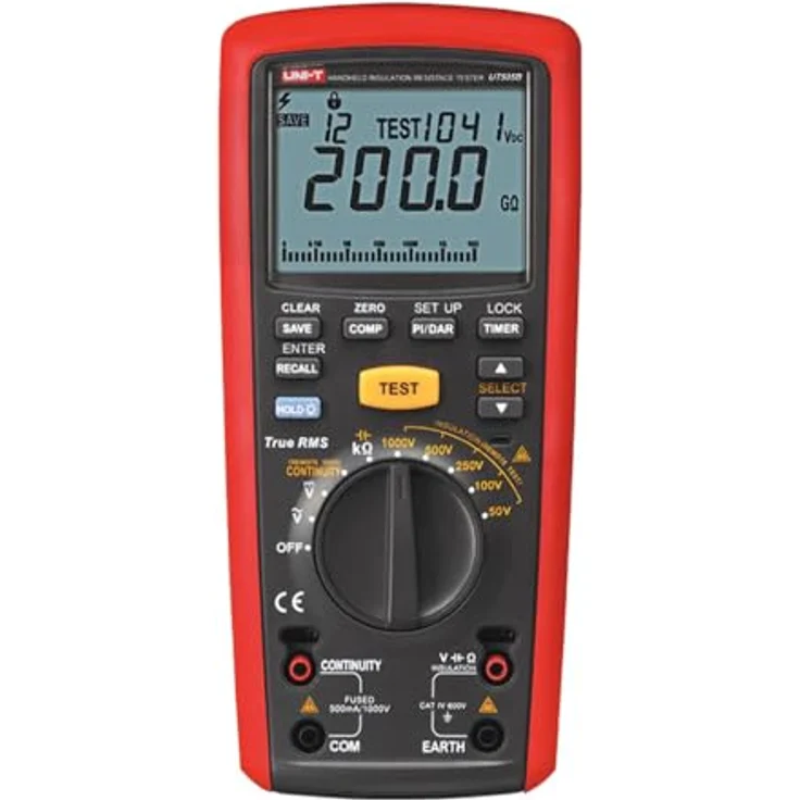 UNI-T UT505B Serie UT505 Hand-Isolierungswiderstandstester, 50 V/100 V/250 V/500 V/1000 V, 1 mA, automatische Abschaltung, LCD-Hintergrundbeleuchtung, Alarm bei Hochspannungsausgang, Datenspeicherung von 99 Gruppen