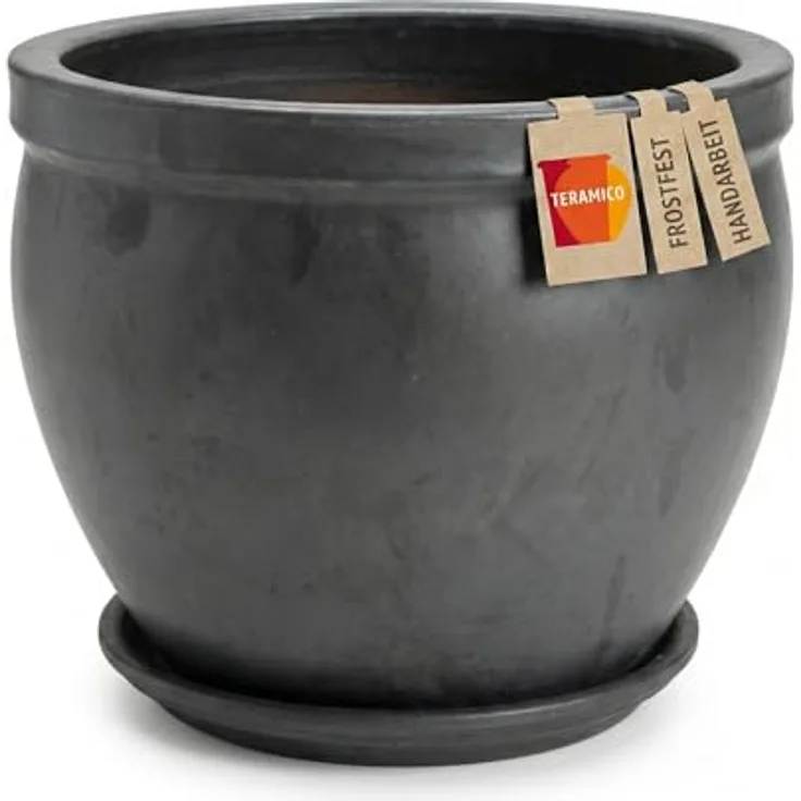 Teramico Blumenkübel Keramik mit Teller Ø 21cm, handgefertigter frostfester Pflanztopf aus Steinzeug für Innen & Außen, glasiert in Anthrazit