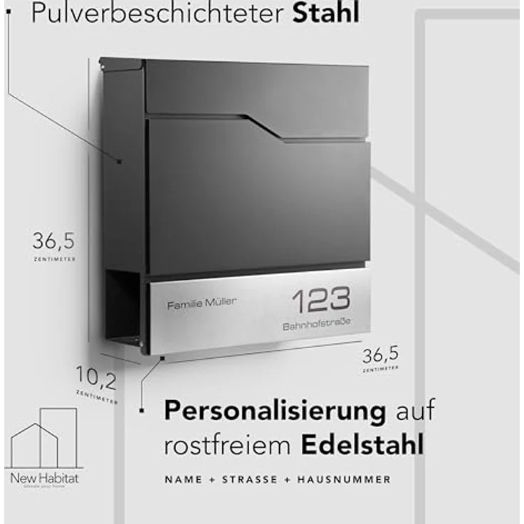 NewHabitat Moderner Briefkasten Personalisierbar Tokio Anthrazit RAL7016 mit Zeitungsfach - Wandbriefkasten mit Edelstahl Namensschild und Hausnummer Gravur Rostfrei und UV-beständig – Bild 3