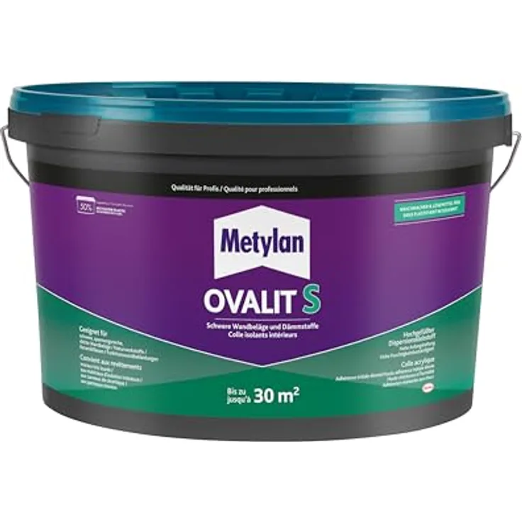 Henkel Metylan Ovalit S Spezialwandbelags-Kleber, gebrauchsfertiger, gefüllter Wandbelagsklebstoff für schwerste Wandbeläge, sehr hoher Klebkraft und Anfangshaftung, 1x12kg