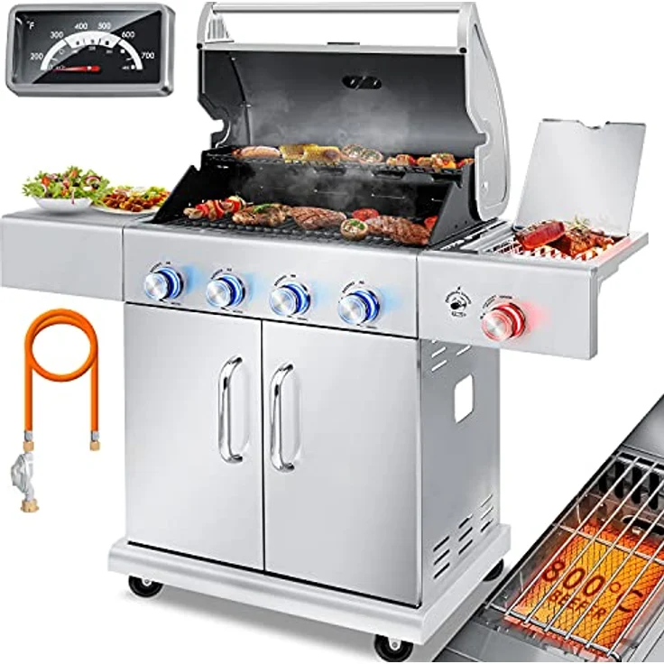 KESSER Gasgrill Master BBQ mit 800°C Infrarot & Grill-Thermometer, LED-Beleuchtung , Keramik 4+1 Brenner aus Edelstahl XXL Grillwagen Grill, Seitenkocher, 5-11 KG Gasflasche Piezozündung Silber - Preisvergleich – Bild 2