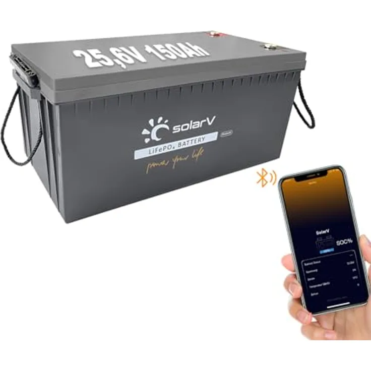 EnjoySolar SolarV ® Lithium Batterie LiFePO4, 25,6V 150Ah mit integriertem BMS und Bluetooth, wartungsfreier Betrieb