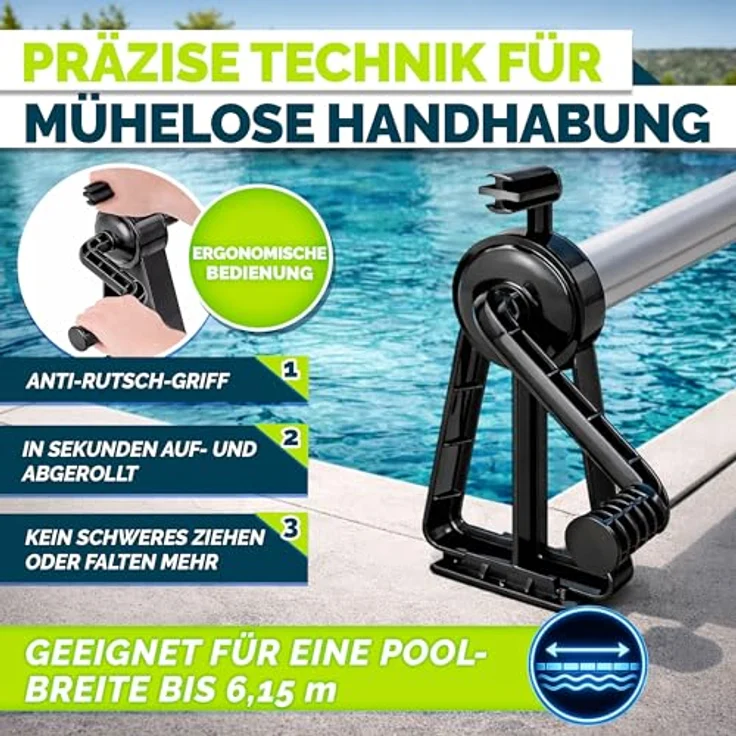 tillvex Pool Aufroller Premium, Ausziehbar von 1,05-6,15 m, inkl. Thermometer & 8 Befestigungsbänder, witterungsbeständig, mobile Aufrollvorrichtung für Solarplane – Bild 3