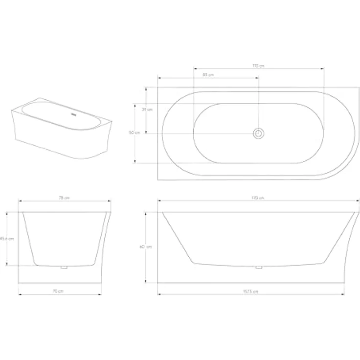 Bernstein NOVA CORNER L, Freistehende Badewanne aus hochglanzweißem Acryl, 170x78 cm, linksseitiger Einbau, doppelwandige Bauweise, komfortable Rückenschräge, mittiger Pop-up-Ablauf – Bild 6