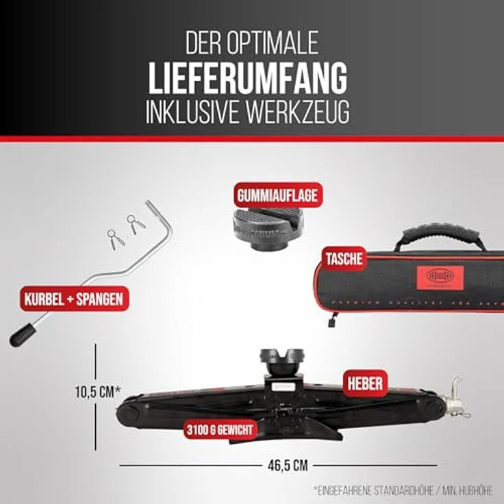 HEYNER® MultiLift L PRO Scherenwagenheber, 2t Traglast, Hubhöhe 105–450mm, runder Sattel mit austauschbarem Gummipad, inkl. Kurbel, GS-geprüft, schwarz – Bild 6
