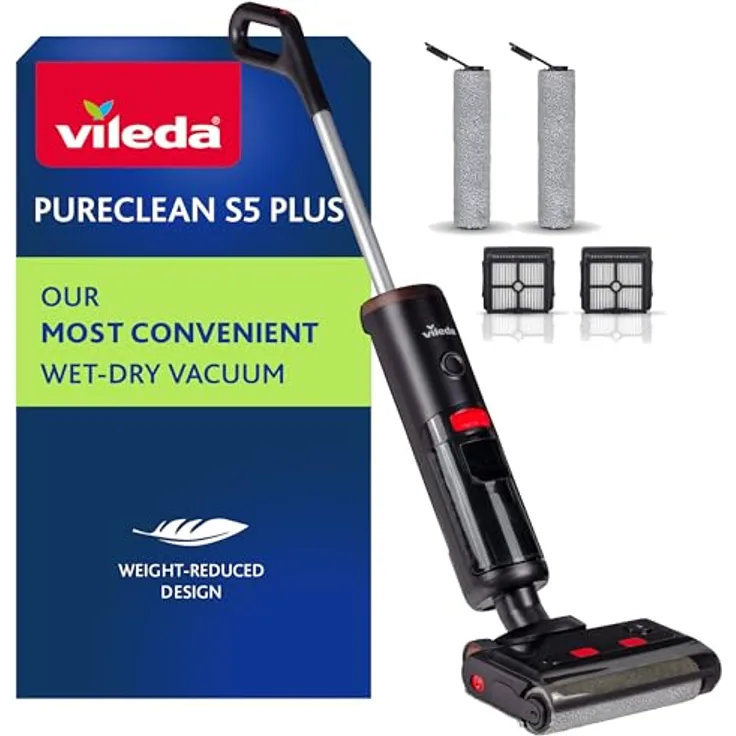 Vileda PureClean S5 Plus | Kabelloser Nass- und Trockensauger mit 100% Trennung von schmutzigem und sauberem Wasser | Selbstreinigungsfunktion | Zubehör (2 Rollen und 2 Filter)