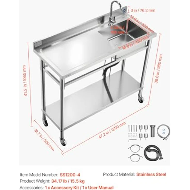 VEVOR Edelstahl Spültisch mit Wasserhahn & Rädern, 1200 x 500 x 1055 mm, Multifunktionsdesign für Garage und Restaurant, verstellbare Ablage, 360° drehbarer Wasserhahn – Bild 7