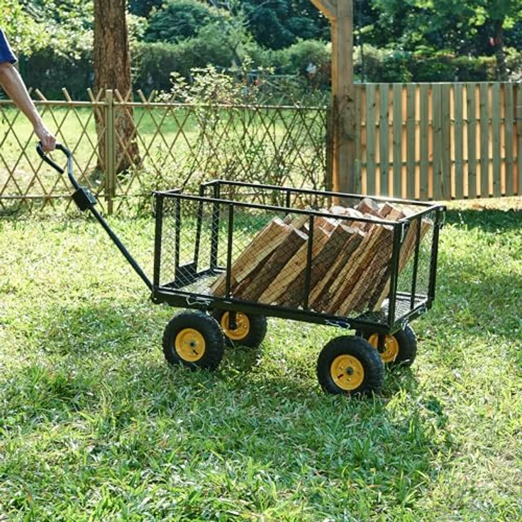 pro.tec Bollerwagen Corropoli, Handwagen mit herausnehmbarer Innenplane, max. 550 kg Tragkraft, ergonomischer Griff, klappbare Seitenwände, Schwarz/Gelb – Bild 5